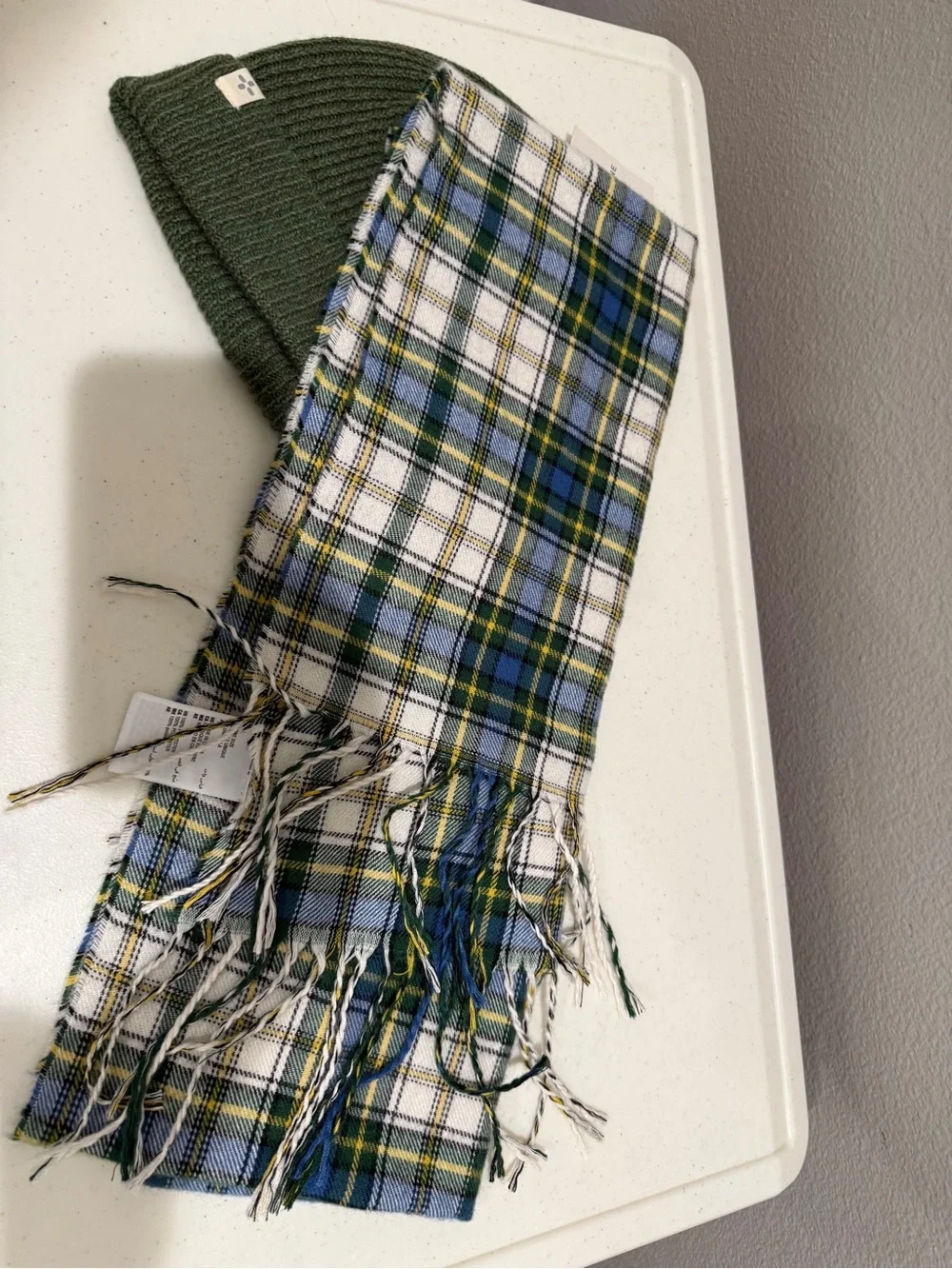 New Sun + Stone Olive Green Knit Beanie with Blue, White & Green Plaid Scarf